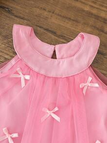 SHEIN Vintaside Kids 女嬰花卉刺繡雪紡3D蝴蝶結裝飾無袖上衣與短褲夏季甜美鮮豔兩件套，適合戶外玩耍 - 粉色 - 查看 6