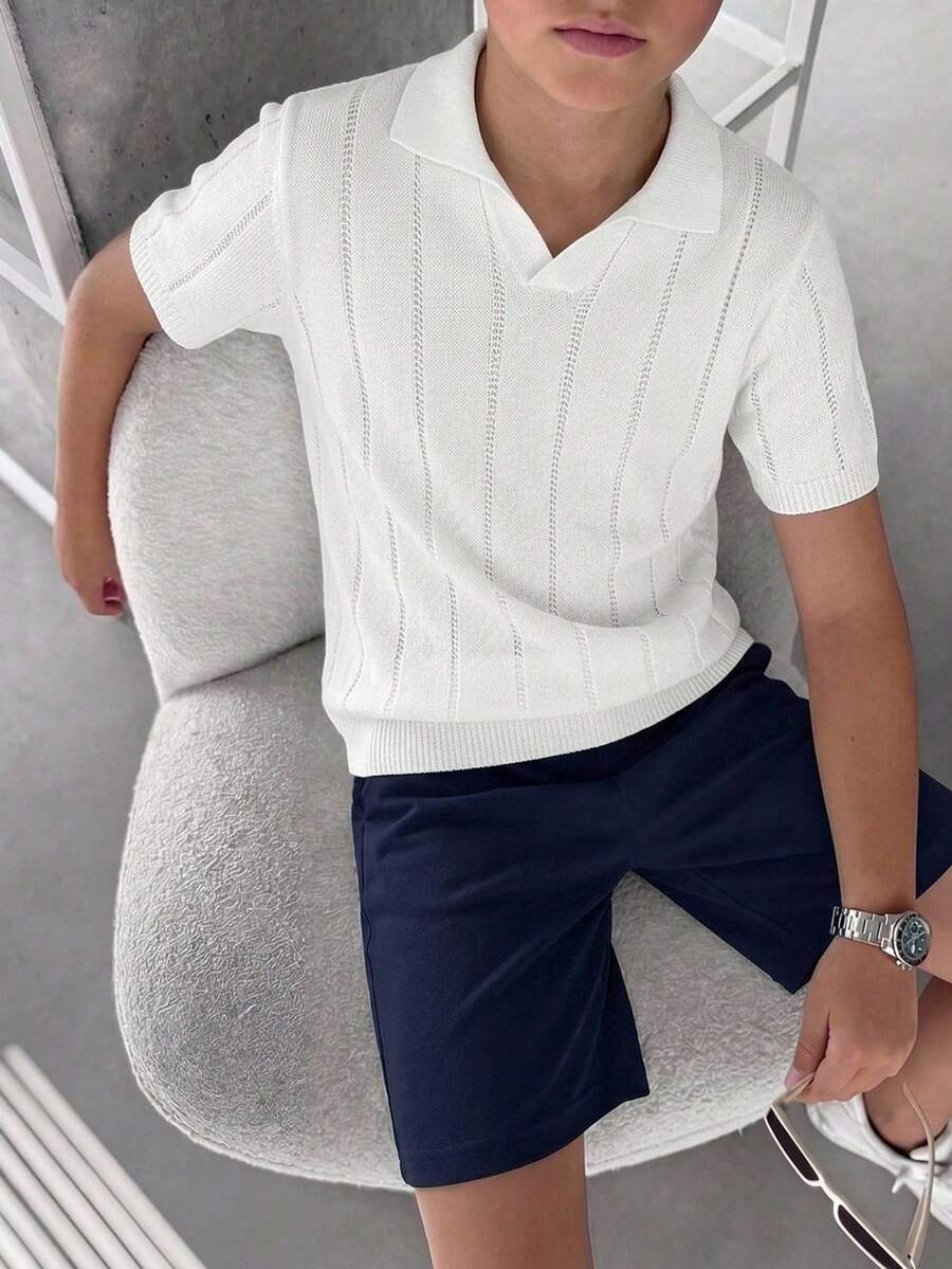 SHEIN Kemeja Polo Lengan Pendek Rajut Bertekstur, Nyaman, Serbaguna, Gaya Jalanan Kasual untuk Anak Laki-Laki, Cocok untuk Berpergian, Sekolah, Pakaian Sehari-hari, Liburan, Perjalanan, Olahraga, Musim Semi dan Musim Panas - Putih - View 1