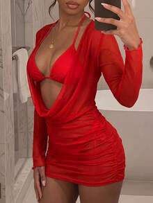 SHEIN DivaQ Summer Sexy Mesh Cowl Neck Cover-Up Bikini 3 Pieces Set Club Night Red - Red - View 5