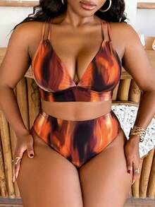 Slaydiva Plus Size Tie Dye Print Swimsuit Set For Vacation Beach - Multicolor - View 5
