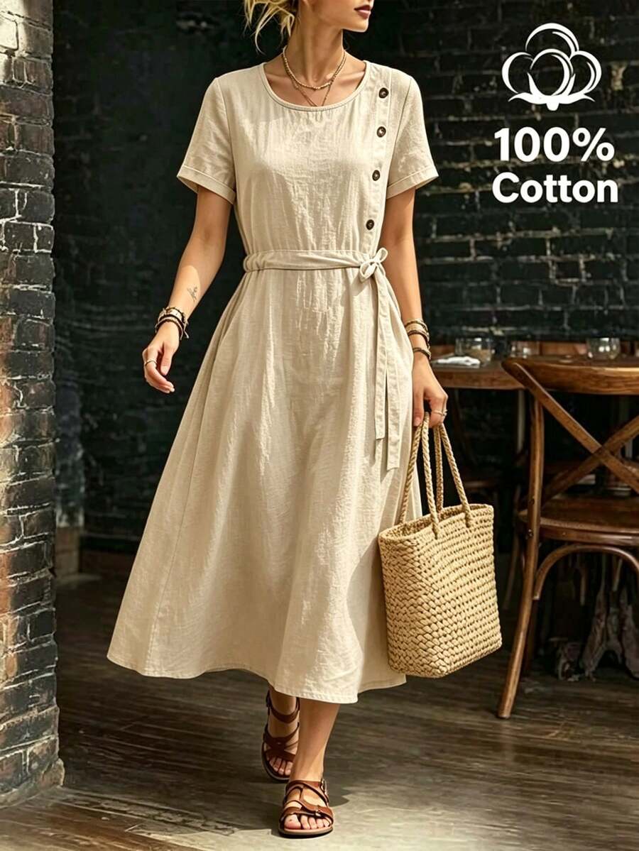 EMERY ROSE Women's Summer Minimalist Casual Button Decor Drawstring Waist Midi Dress Beige Brunch Vacation - Apricot - View 1