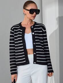 SHEIN 女款對比條紋鈕扣針織開襟衫圓領長袖毛衣 - 黑與白 - 查看 7