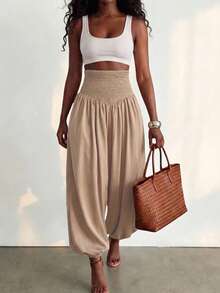 BamGleam Women's Solid Color Waist Gathered Cuffed Long Pants For Vacation - Khaki - View 1
