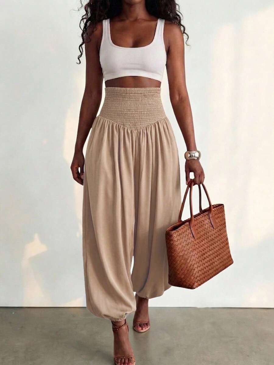 BamGleam Women's Solid Color Waist Gathered Cuffed Long Pants For Vacation - Khaki - View 1