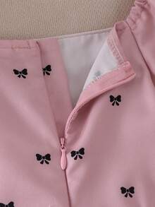 SHEIN Elladie kids 1pc Girls Summer New Square Neck Puff Short Sleeve Ruffle Baby Pink Bow Print Elastic Waist Front Neckline Lace Bow A-Line Pastoral Academy Style - Pink - View 6