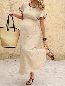 Boho Mama Maternity Vacation Piped Round Neck Batwing Sleeve Casual Dress - Apricot - View 2