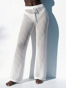 SHEIN Summer Beach Hollow Out Crochet Cover Up Pants Vacation White - White - View 5