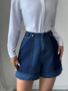 Elenzga 女款夏季休閒拼色牛仔短褲 - 藍色 - 查看 1
