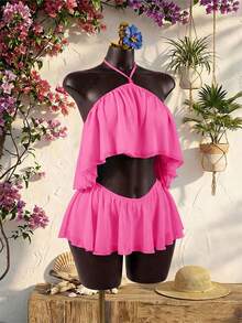 SaltGleam SaltGleam Sexy Summer Beach Club Vacation Backless Camisole Top With Beaded Decor, Asymmetrical Hem, Double Layer Flowy Ruffle Trim, Paired With Skirt - Hot Pink - View 3