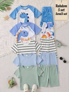 Dozemod Conjunto de Pijama Ajustado Cómodo Minimalista Versátil a Rayas unicolor Cuello Redondo Manga Corta Pantalones Cortos Casual Cómodo Ajustado 2pcs para Niños Jóvenes - Multicolor - Ver 2