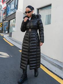 Premium Quality, Elasticated Belted, Fur Hooded Maxi Puffer Winter Coat - Black - View 5