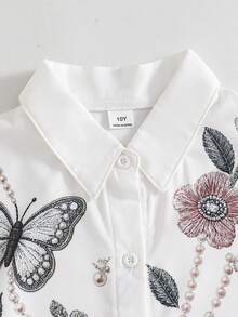 SHEIN 女童白色襯衫 | 蝴蝶花卉印花 | 寬鬆飄逸 - 白色 - 查看 4