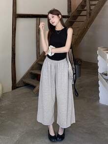 DAZY Solid Color Loose Cropped Pants Elastic Waist Casual Vacation Summer Women's Sweatpants School - Grey - View 3