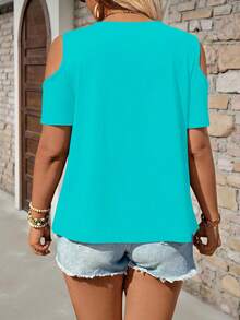 Breezaya Plus Size Summer Casual Solid Color Off-Shoulder T-Shirt - Blue - View 2
