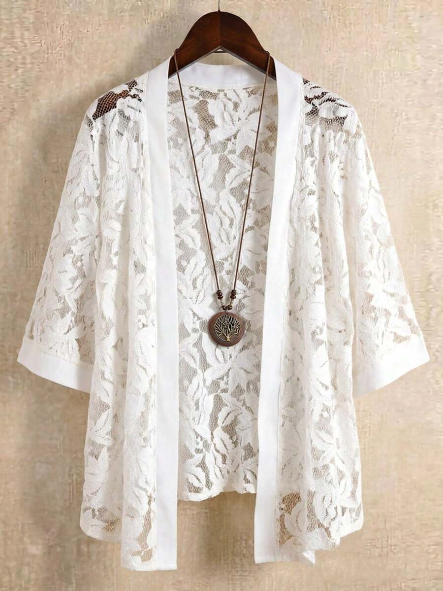 EMERY ROSE 大尺碼女款休閒度假七分袖純色蕾絲布料開襟衫,適合夏季外出與度假穿著 - 白色 - 查看 1