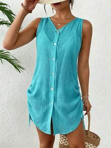 Swim Lushoire 女款紋理時尚單排扣抽繩綁帶和服式罩衫 - 水鴨藍 - 查看 3