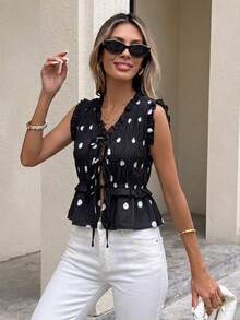 Serisse Women's Polka Dot Print Pleated Tie-Up Ruffle Hem Tank Top - Black - View 5