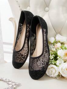 CUCCOO HITCHD Lace Round Toe Flats, Perspective Mesh Sequined Low Vamp Shoes, Commuting Dating Daily Breathable Women's Shoes - Black - View 13
