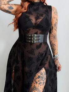 Whyspr Dark High Slit Sheer Long Black Asymmetrical Pattern Dress - Black - View 6