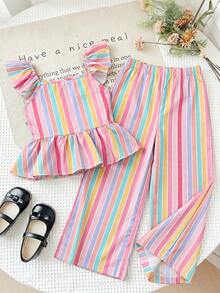 LMoss Kids Flutter Sleeve Tank Top Set, Suitable For Toddlers In Spring, Summer And Autumn, With Large Bow Design On The Back Of The Top Colorful Stripe - Multicolor - View 2