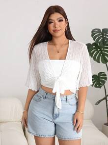 Solflare Plus Size Women's Solid Color Front Knot Short Sleeve Cropped Top Vacation White Summer - White - View 5