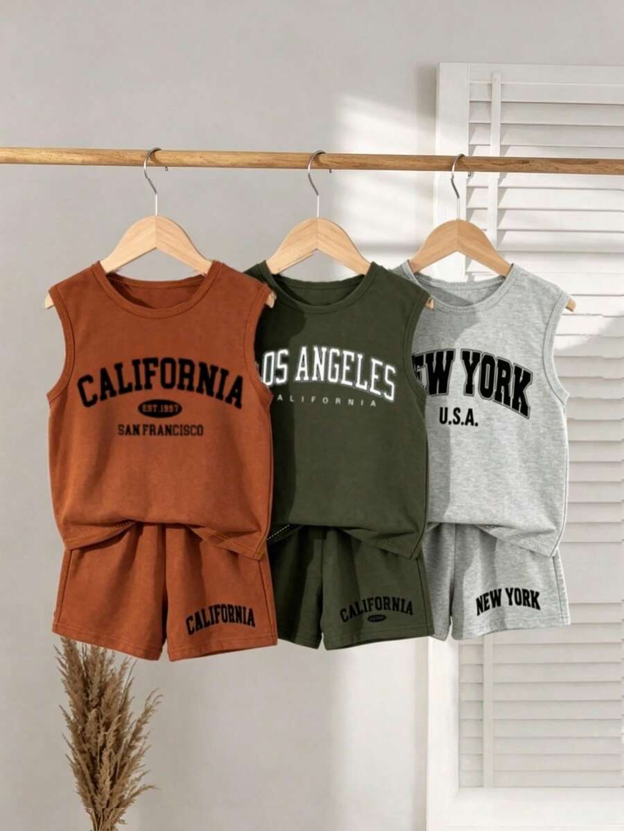 SHEIN 3件裝男童新時尚舒適極簡英文印花背心,春夏風格,適合日常穿著、返校、戶外活動、聚會、度假、街拍、校園生活、節慶、禮物 - 彩色 - 查看 1