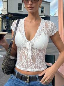 SHEIN EZwear 夏季性感透視白色蕾絲女款T恤 - 白色 - 查看 11