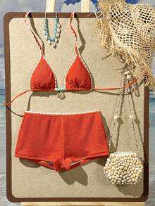 Swim SXY 夏季新款焦糖色紋理布料海洋海星裝飾掛脖綁帶沙灘度假女款兩件式泳衣套裝附直筒長褲 - 鏽棕色 - 查看 2