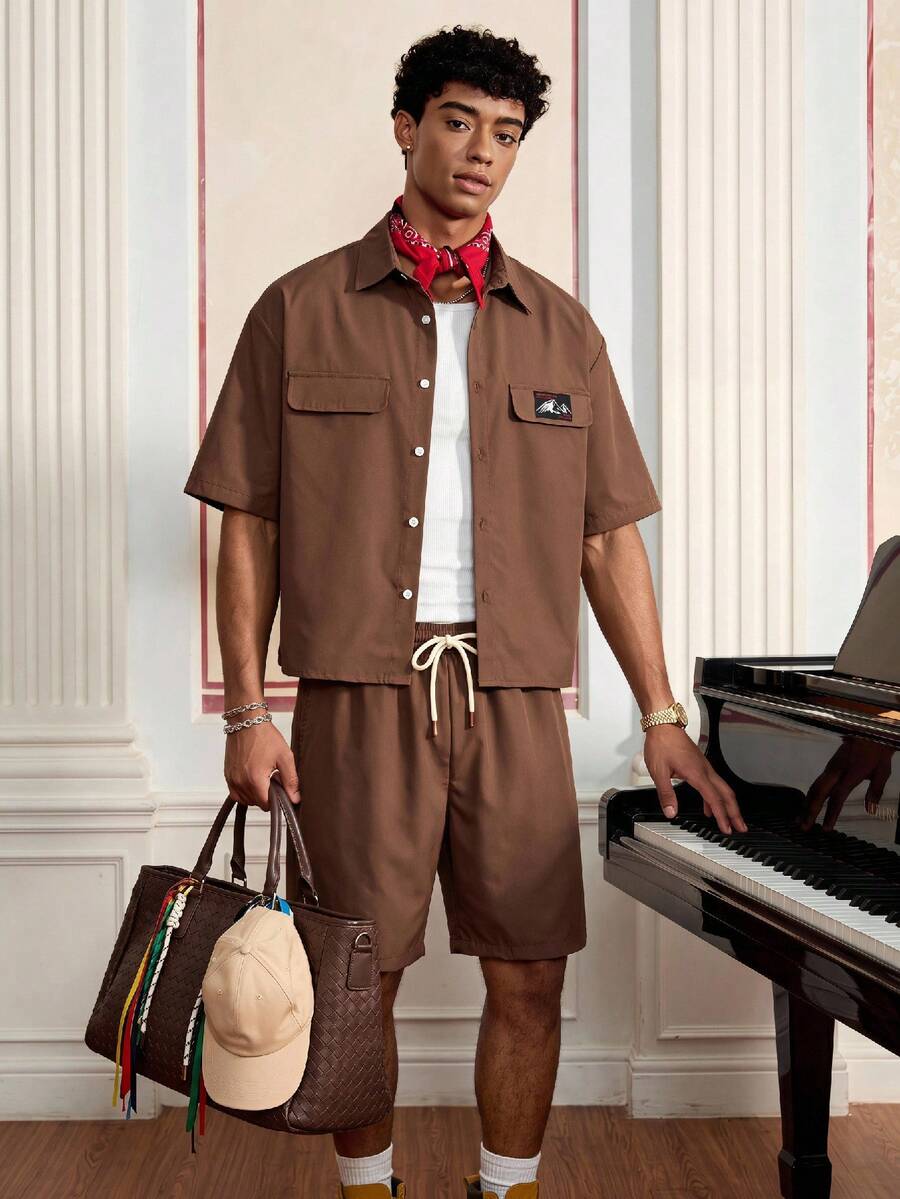 SWAVVY Conjunto de camisa y pantalones cortos de moda de verano para hombre - Camel - Ver 1