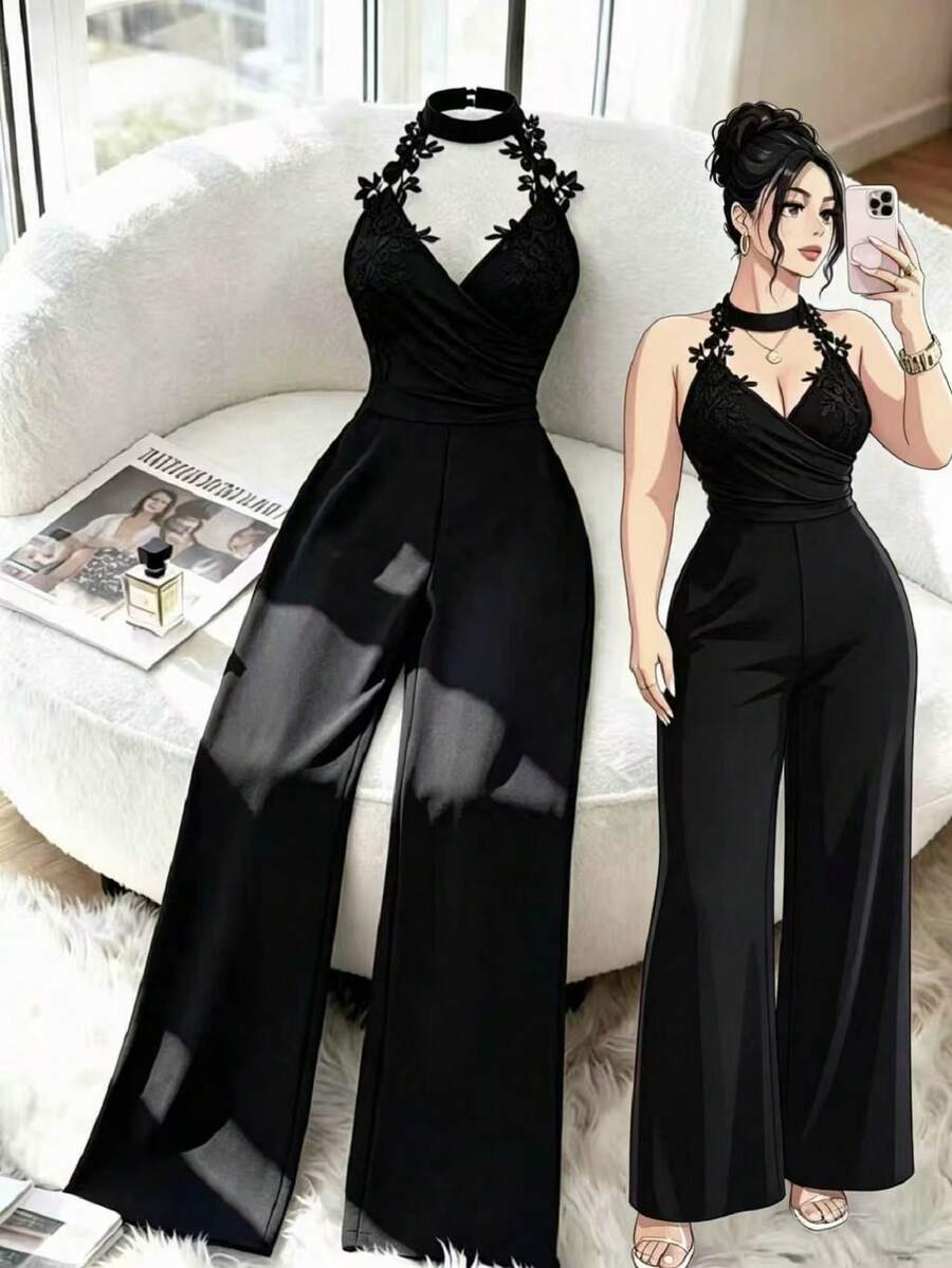 SHEIN Elenzya Jumpsuit Model Halter Tanpa Punggung dengan Dekorasi Aplikasi Elegan untuk Musim Panas Ukuran Plus - Hitam - View 1