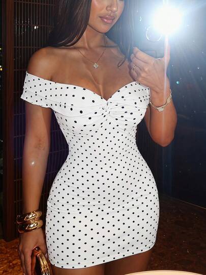SHEIN SXY Summer Vacation Off-Shoulder White With Black Polka Dots Ruffle Dress Holiday Beach Date Night Night Out Going Out Birthday Elegant Sexy Dresses