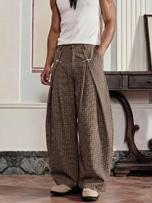 SWAVVY Men's Spring/Summer Fashion Loose Wide Leg Pants With Airplane Buckle - Coffee Brown - View 2