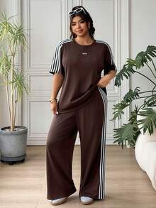 SHEIN EZwear 大码撞色条纹印花贴花圆领上衣和阔腿裤休闲两件套 - 藏蓝色 - 查看 4