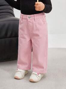 SHEIN Bubblio 女嬰復古藍色牛仔寬鬆直筒長褲，嬰兒(女孩)牛仔褲 - 粉色 - 查看 4