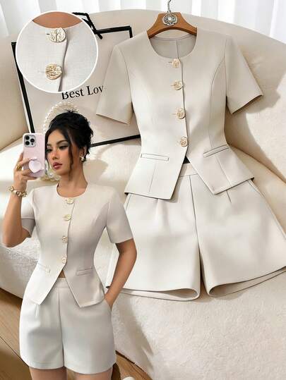 Elenzga Conjunto de top de manga corta y pantalones cortos de moda minimalista elegante y casual para mujer de talla grande, nuevo, para ir al trabajo y salir