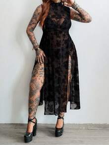 Whyspr Dark High Slit Sheer Long Black Asymmetrical Pattern Dress - Black - View 3