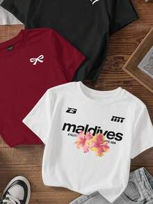 Set de 3 camisetas cortas de mujer de manga corta y cuello redondo con estampados minimalistas casuales de corazón, lazo y fresa - Multicolor 3 - Ver 4