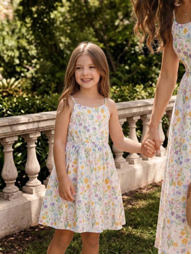 SHEIN Young Girl Floral Print Pleated Casual Daily Outing Spaghetti Strap Dress - Multicolor - View 2