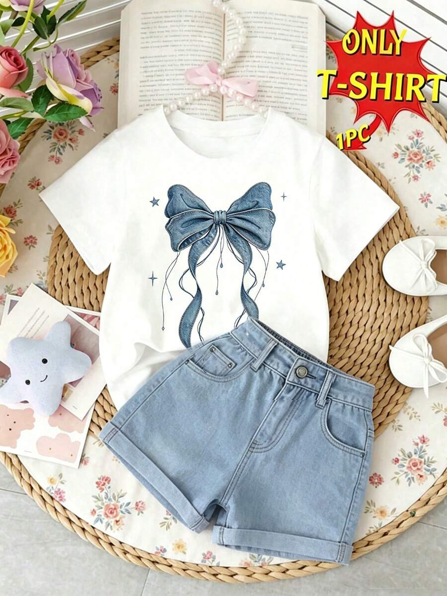 Elladie kids Spring Summer Autumn Girls Toddler Fashion Creative Fresh Minimalist Pink Bow Pattern Print Casual Basic Short Sleeve T-Shirt - White - View 1
