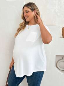Plussiva Plus Size Maternity Basic White Loose-Fit Short-Sleeve T-Shirt For Everyday Wear Solid Color Casual Versatile Top Summer Gender Reveal Mom To Be - White - View 4