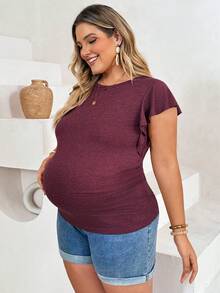 Plussiva Plus Size Maternity Solid Color Casual Versatile Everyday Top Maternity Photoshoot Summer - Burgundy - View 3