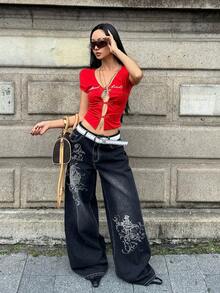 Coolane 女款夏秋街頭風外出穿搭 龐克休閒復古水洗十字印花純棉黑色寬鬆低腰寬腿牛仔哈倫褲 - 黑色 - 查看 4
