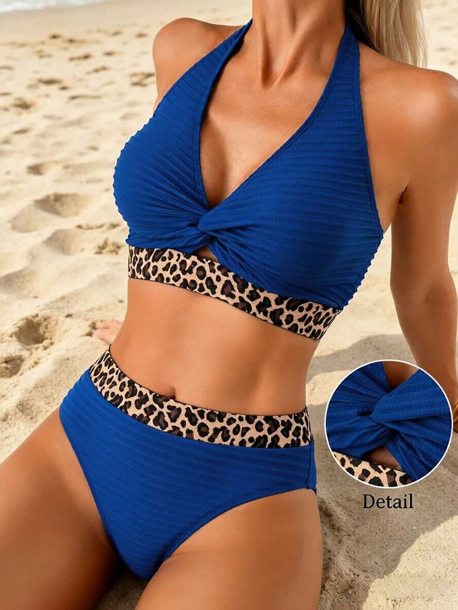 Swim Lushoire 女款兩件式泳衣套裝,特殊面料,豹紋印花肩帶拼接鏤空設計,夏季度假海灘適用 - 彩色 - 查看 1