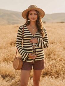 Boho Mama Maternity Striped Long Sleeve Front Tie Casual T-Shirt Going Out Autumn BOHO Fall - Khaki - View 2