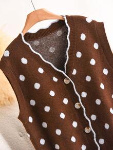 CosyJoli Plus Size Elegant French Casual Premium Minimalist Polka Dot Colorblock Romantic Wavy Pattern Vacation Commute Cardigan Knit Sweater Top Fall/Winter - Brown - View 5
