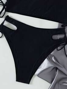 Vaytide Chất rắn Bộ Bikini Ngắn tay Áo thun & Cắt ra Cà vạt Đáy 2 mảnh Bộ đồ tắm - màu đen - Xem 6