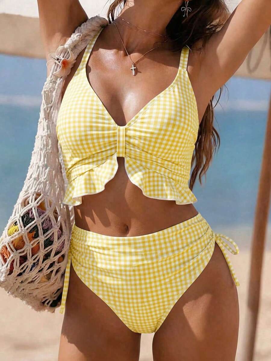 Swim Mod Women's Summer Beach Holiday Plaid Ruffle Trim Tank Bikini - Pale Yellow - View 1