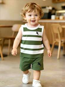 SHEIN Playful Pals 2pcs/Set Young Boy Casual Minimalist Striped Logo Print Tank Top And Logo Print Shorts, Suitable For Summer Outings - Multicolor - View 4