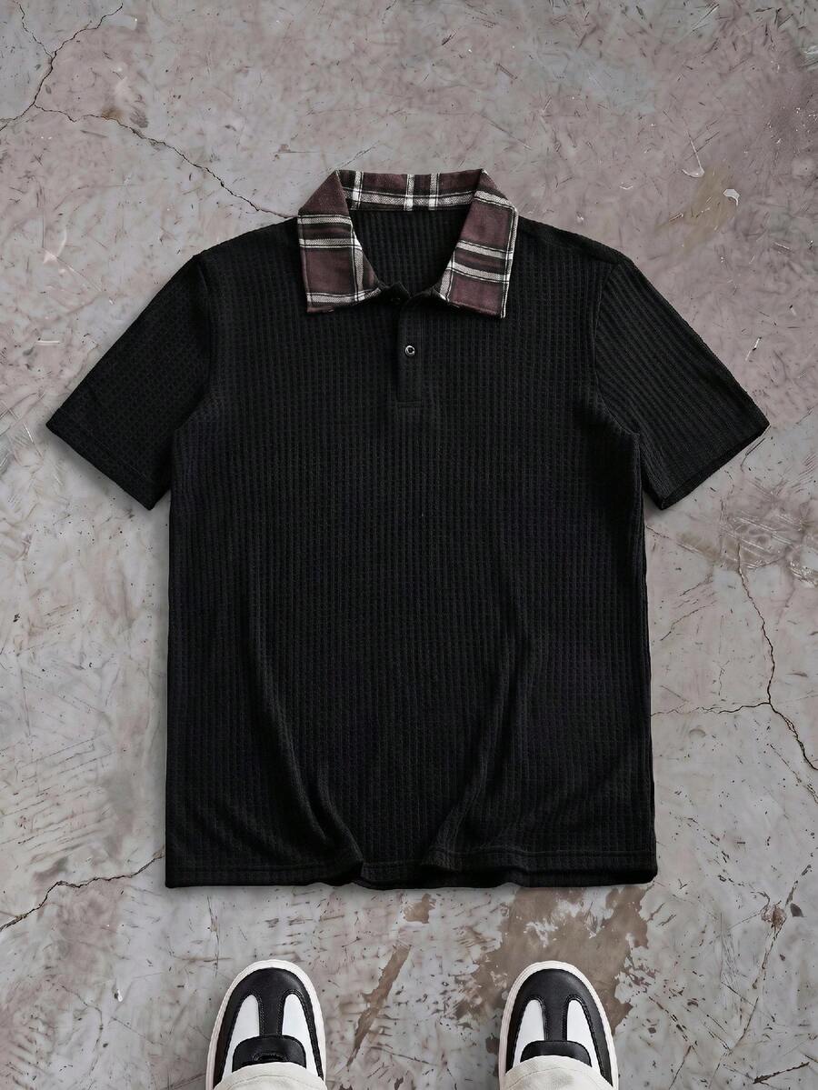 ESTAVOR Kemeja Polo Pria Kasual Musim Panas Motif Kotak-kotak Patchwork - Hitam - View 1