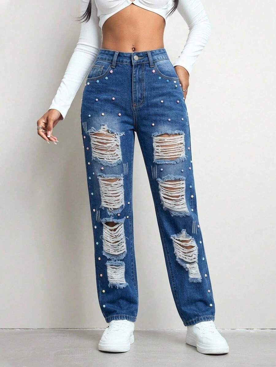 Pants For Women, Mom, With Ripped, With Pearls, Beautiful Jeans, Comfort. - Blue - View 1